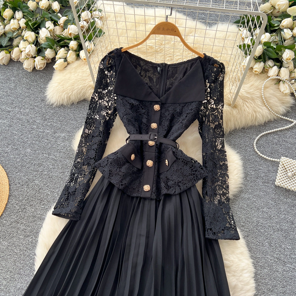 French Style Elegant Lapel Lace Panel Dress with Metal Buttons Waist Defined Pleated Design Autumn Fashion for Women
