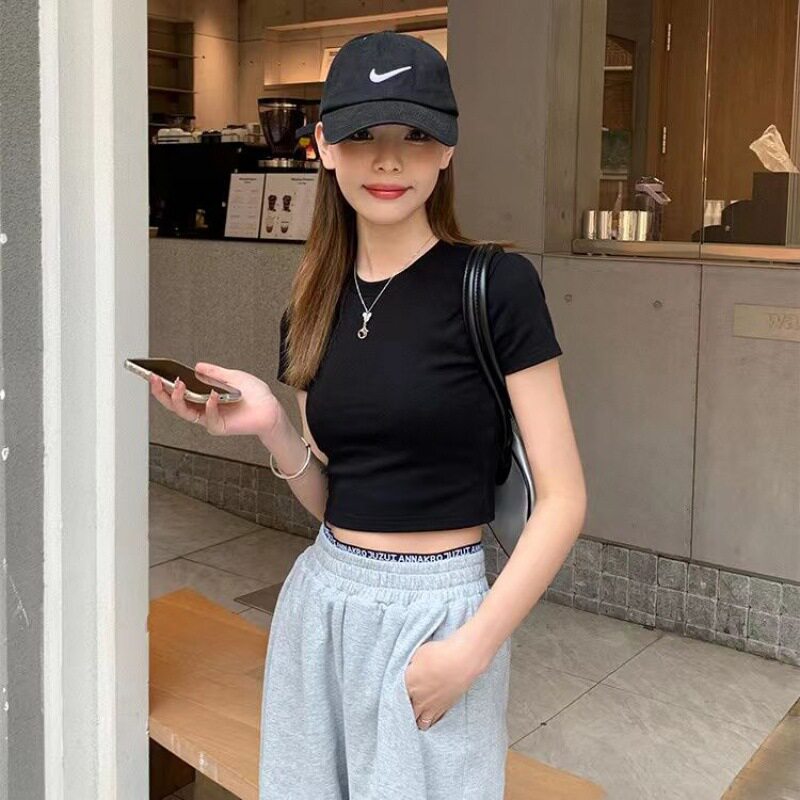 欧美短袖T恤女夏季2026新款辣妹韩版修身短款露肚脐ins红色上衣潮