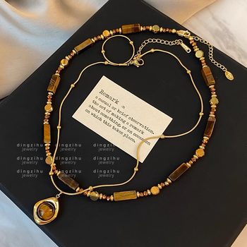 Retro Natural Tiger Eye Stone Beaded Necklace Necklace 2024 Autumn and Winter New High-End Stacked Sweater Chain Clavicle Chain