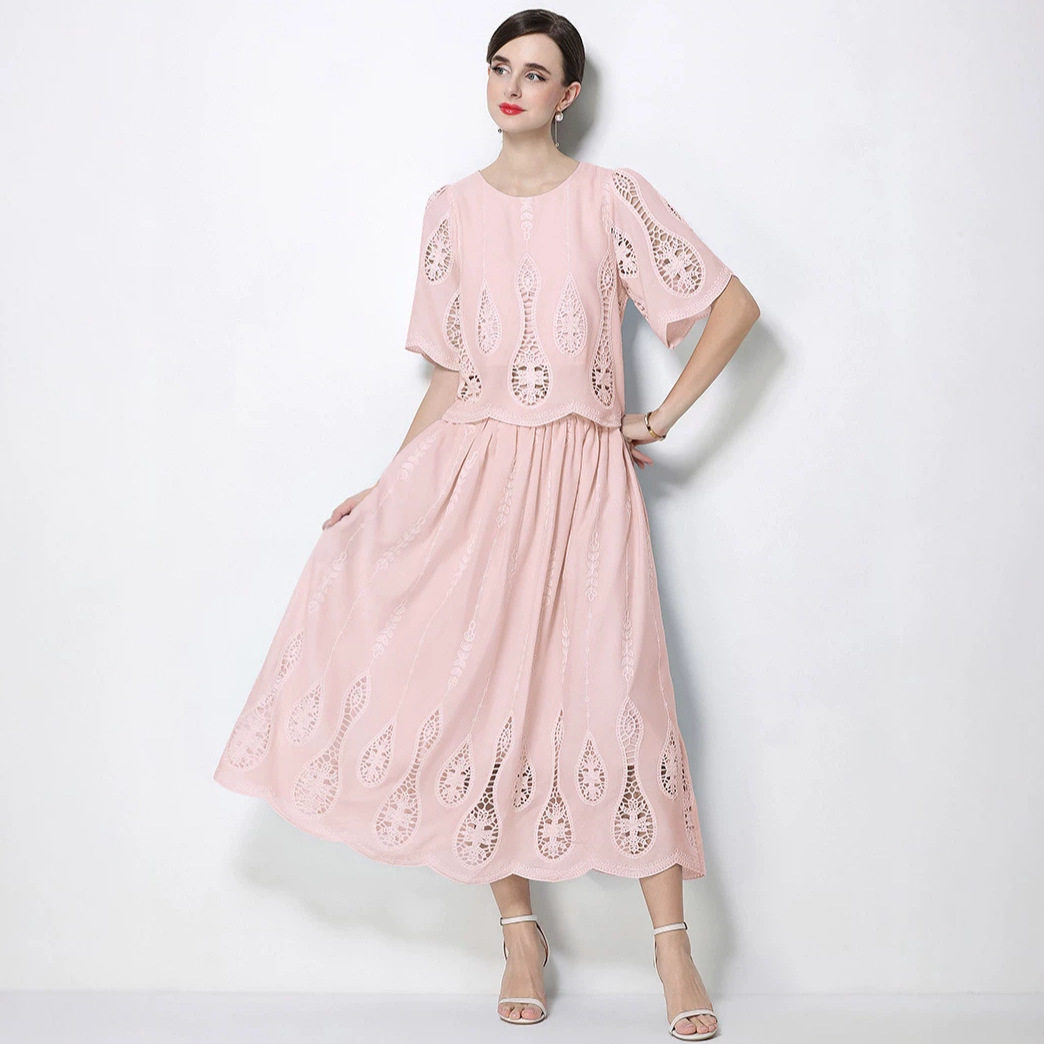 French Inspired Lace Puff Sleeve Top with High Waisted Skirt Set Elegant Slim Fit Chic Style Perfect for Casual or
