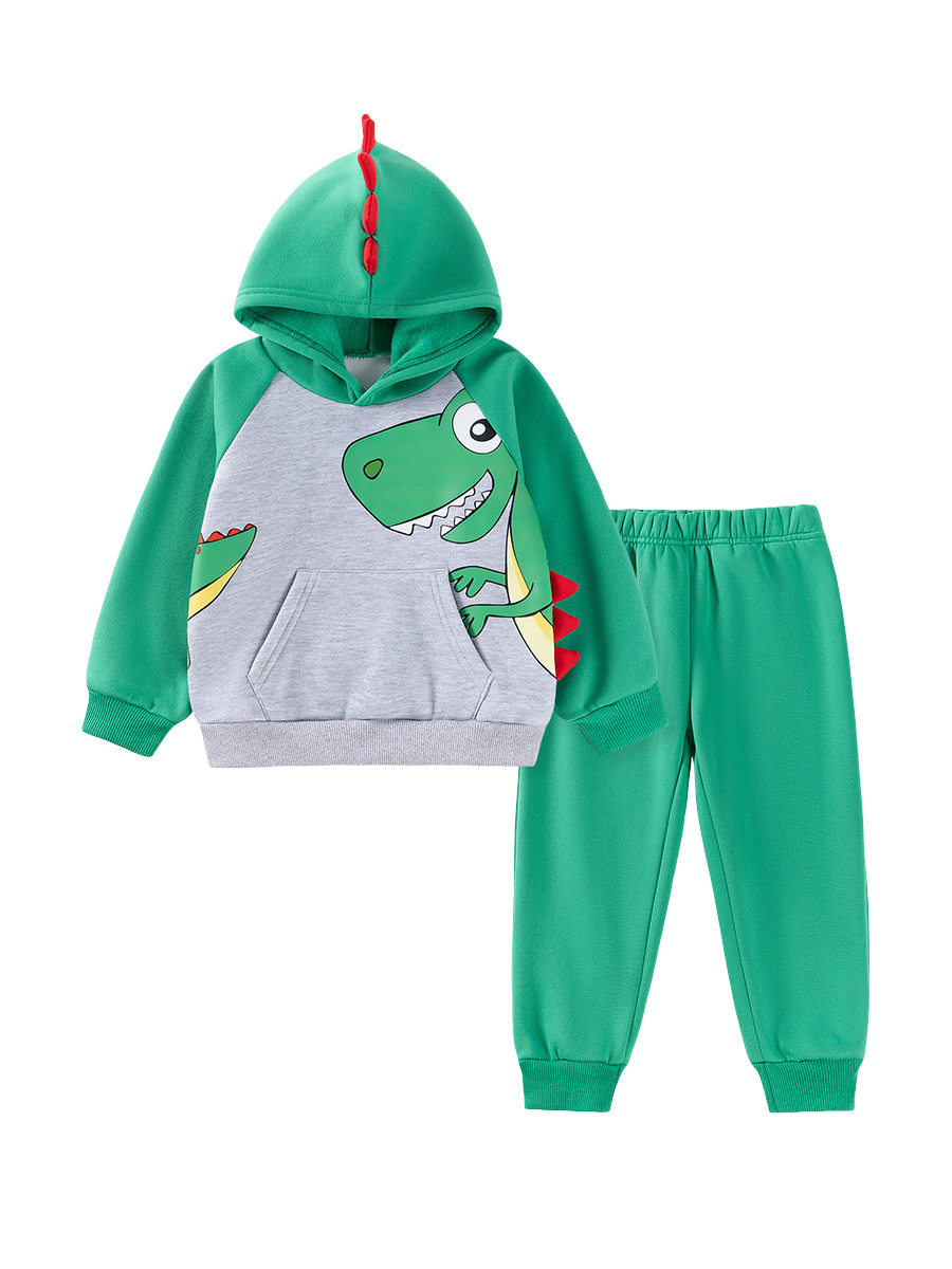 Boys' Cartoon Dinosaur Set, Autumn Fleece-Lined Two-Piece Outfit