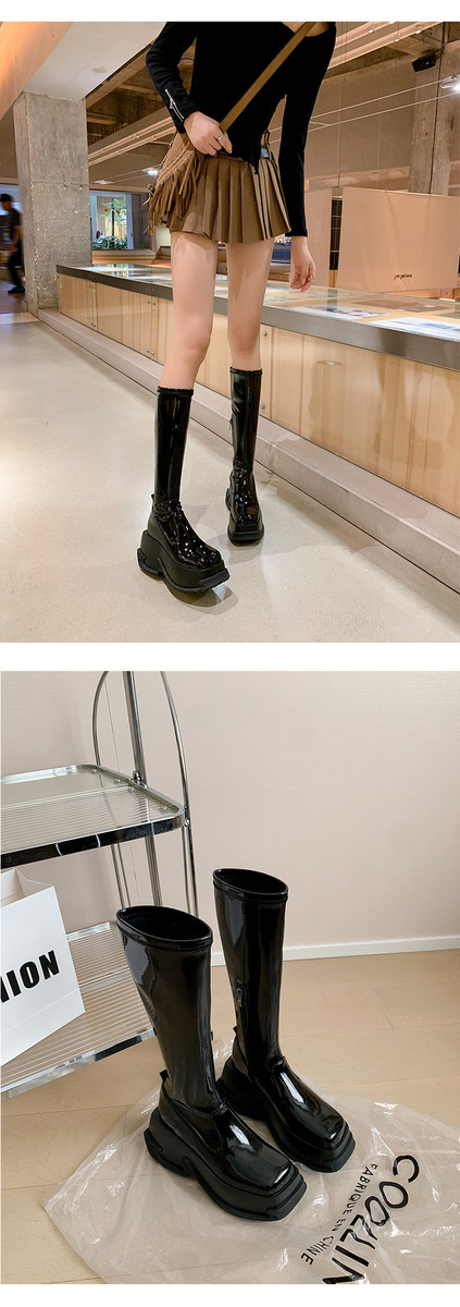 Boot nữ cổ cao ôm bắp chân gót vuông 9cm tăng chiều cao, đế dày chống trượt — Da sáng chế màu đen lót nhung ống nhỏ, Lót nhung ống nhỏ màu be, Màu đen bằng sáng chế da ống nhỏ bên trong, Màu đen da bò ống nhỏ lót một lớp