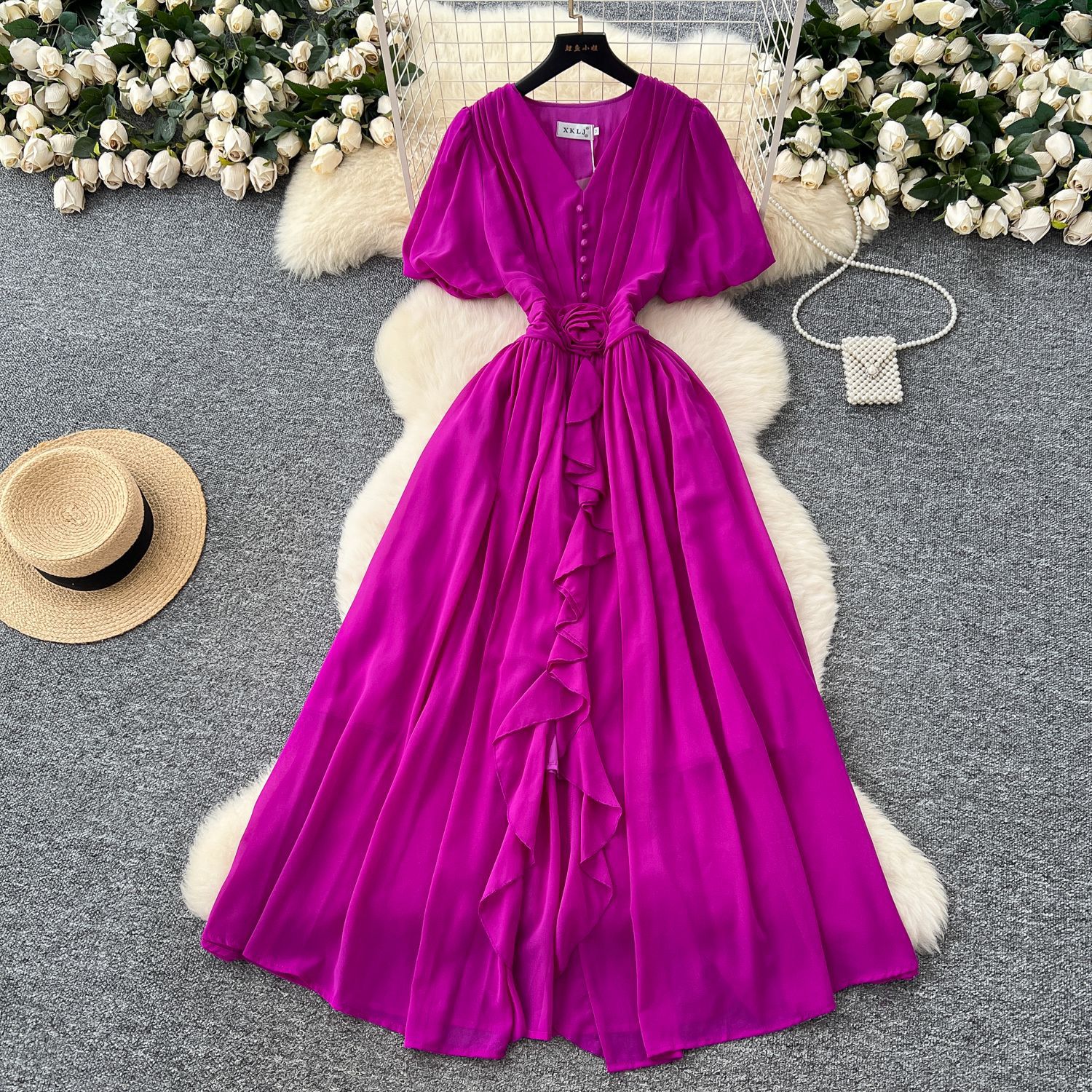 French Elegant V Neck Puff Sleeve Floral Waist Defined Ruffle Chiffon Maxi Dress Sophisticated Style for Special Occasions