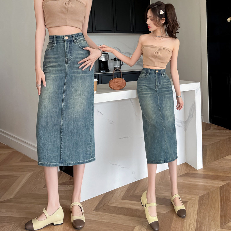 Fashionable High Waisted A Line Denim Skirt for Women Mid Length Back Slit Perfect for Petite Figures Spring and