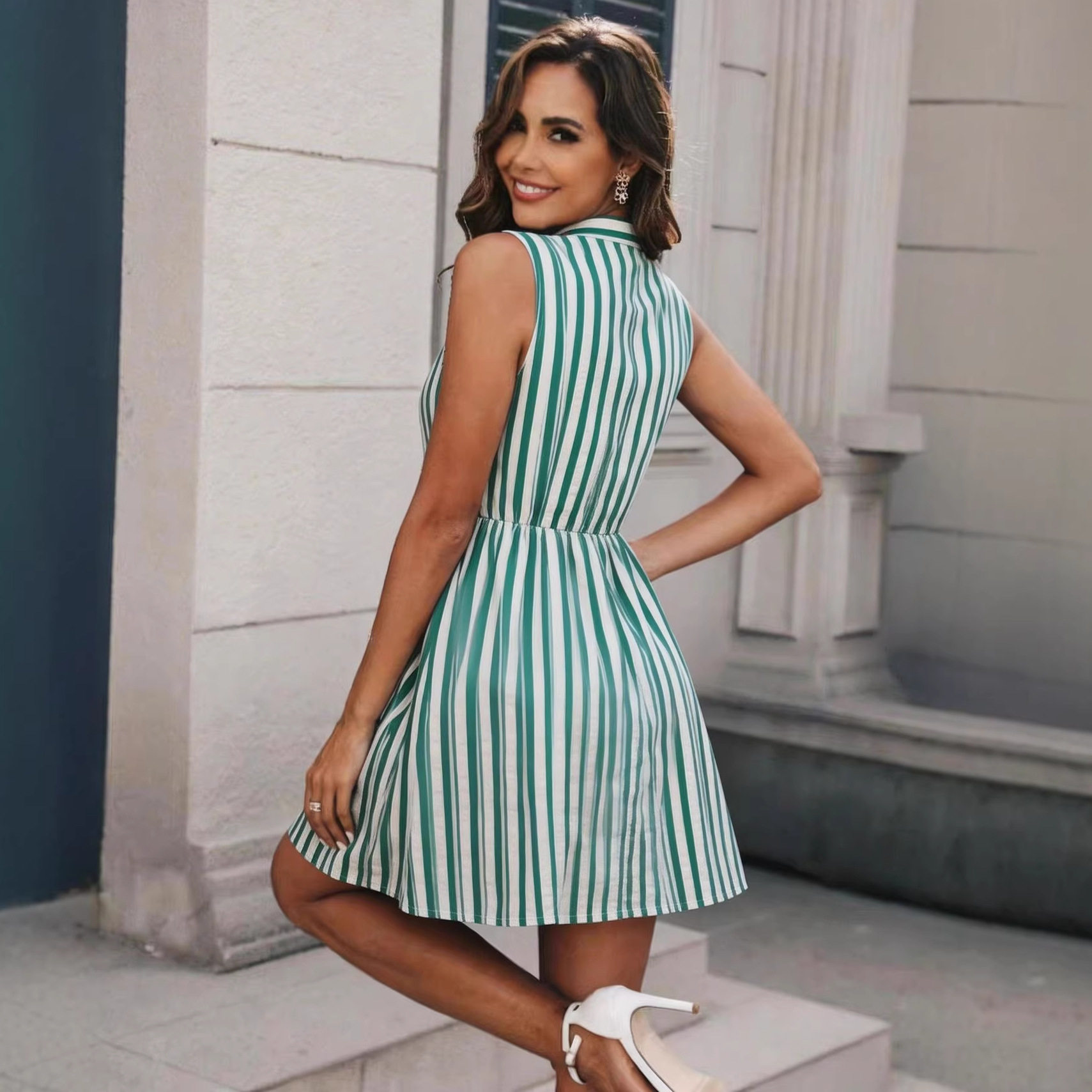 Casual Striped Shirt Dress Sleeveless Stand Collar Button Front Summer Fashion for Women Wholesale Available