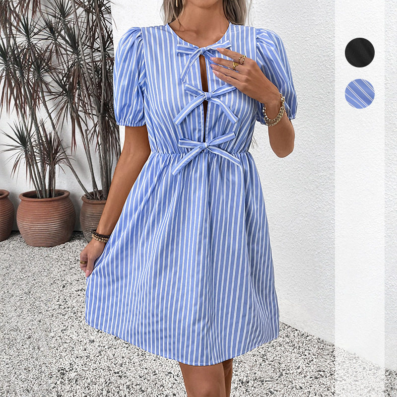 Vintage Striped Dress Summer Collection Round Neck Bow Tie Detail Elegant Style Wholesale Available