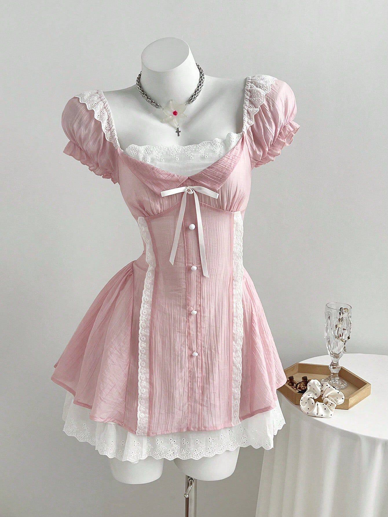 Mini Dress Color Block Puff Sleeves Bow Tie Detail Waist Cinching Casual Wear for Women Ready to Ship