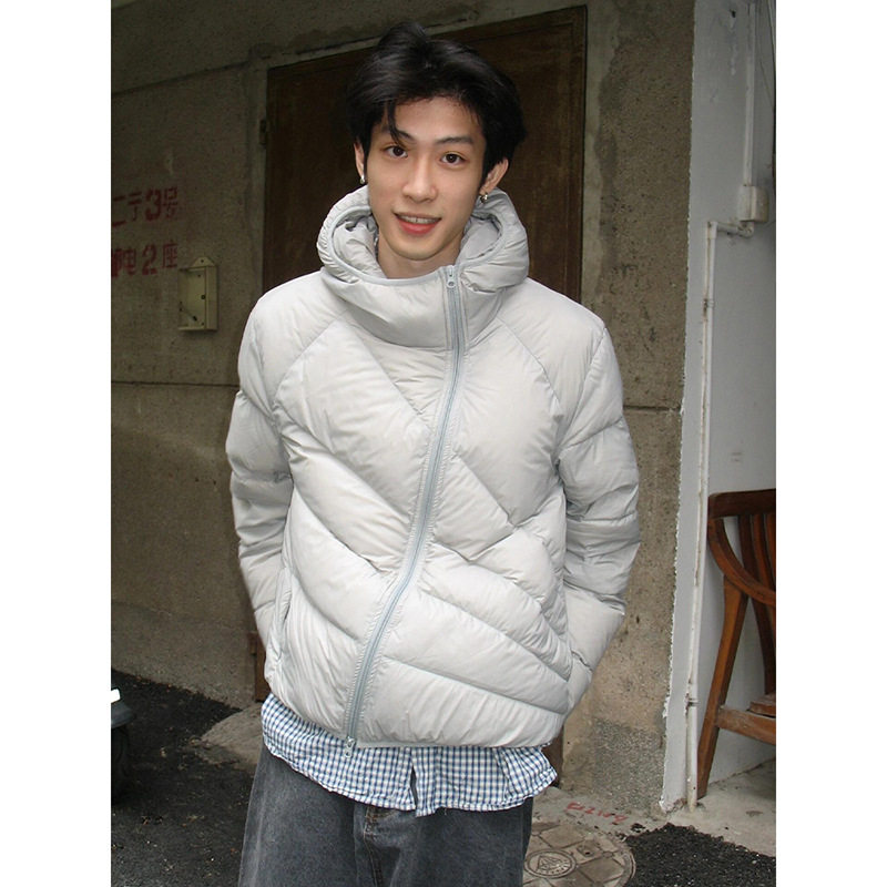 Lightweight Ribbed Hooded down Jacket for Men, Winter Thickened, Warm, Loose Fit, 50% Down, Diagonal Zipper, Deconstructed Design