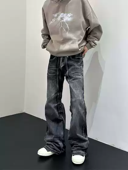 Autumn and Winter New American Retro Niche Spliced Distressed Jeans for Men and Women Trendy Brand Micro-Flared Floor-Length Straight Pants