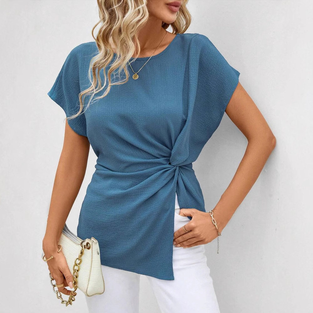 Asymmetrical Short Sleeve T Shirt Solid Color Round Neck Textured Fabric Casual Elegance for Everyday Wear