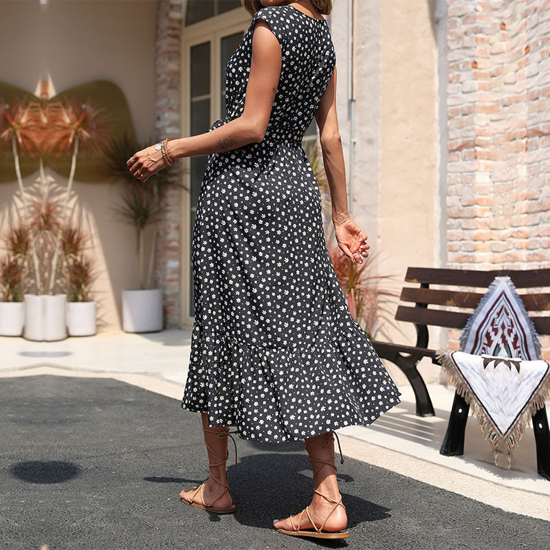 Summer Floral Print Black Sleeveless Dress Elegant Design Comfortable Fabric Versatile Style Wholesale Available