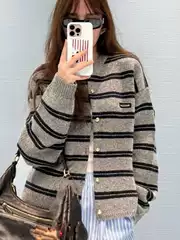 High-End Miu Miu Brand Autumn New Badge Embroidery Color-Block Striped Button Knit Women's Cardigan Sweater