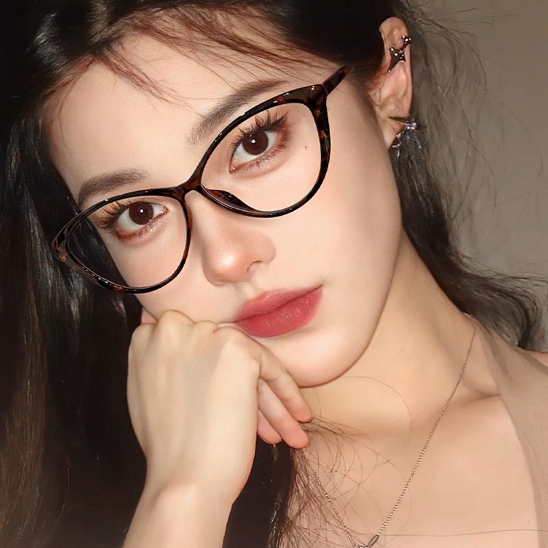 Personalized Retro Hawksbill Color Glasses Frame Diamond Face Cat's Eye Leopard Print Frame Fashionable Trendy Niche Ultra-light Flat Mirror