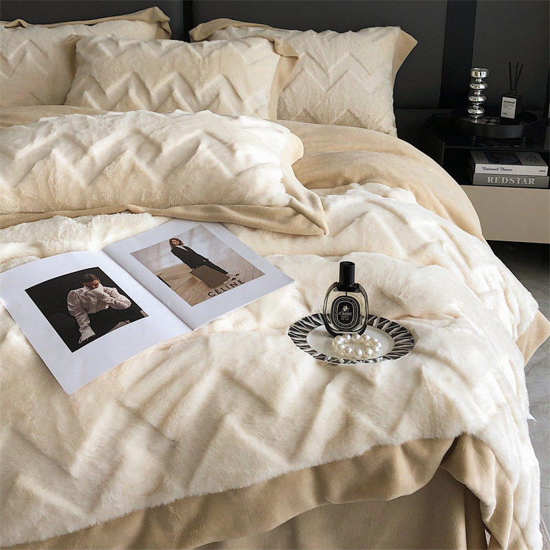 320g Thickened Rex Rabbit Plush Four-piece Set Class A Maternal and Infant Grade Milk Velvet Bed Sheet Quilt Cover Coral Velvet Bedding 4-piece Set