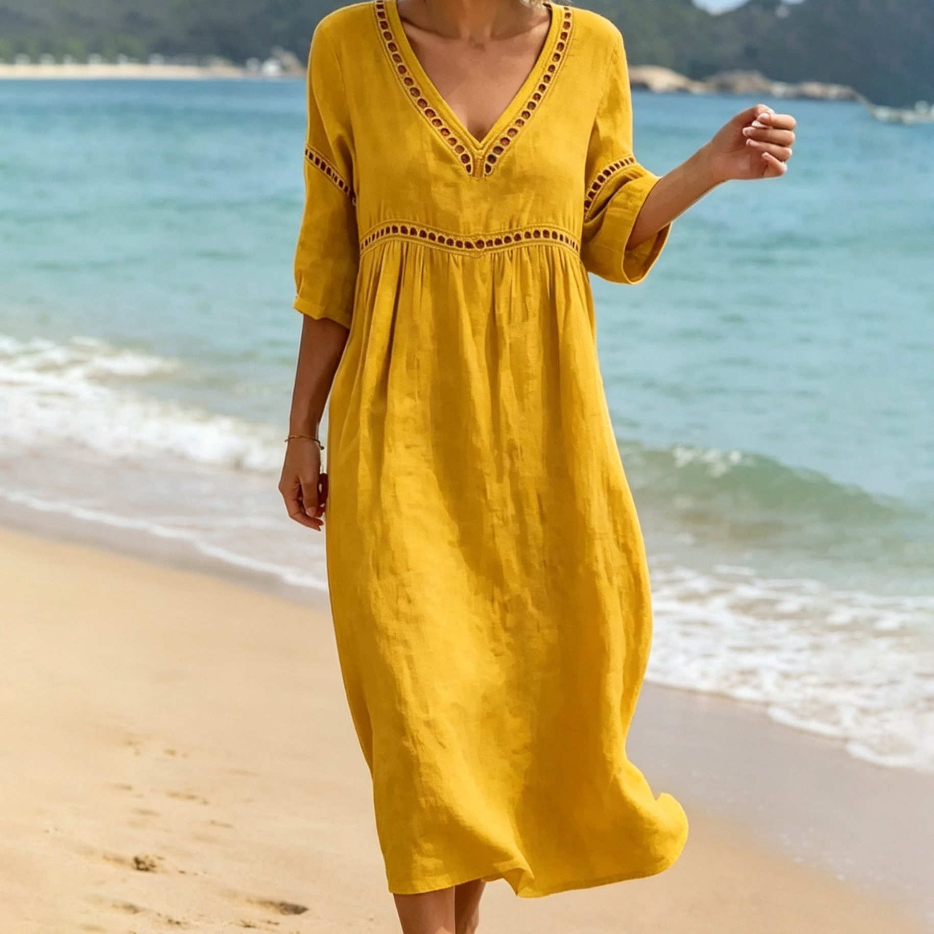 Summer Casual V Neck Dress Loose Fit Solid Color Vacation Style Wholesale Available low MOQ customizable