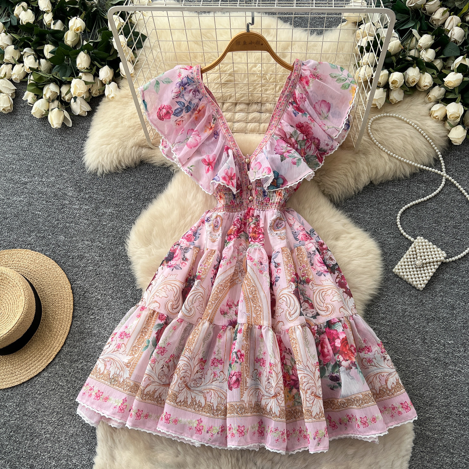 Floral Print A Line Dress V Neck Ruffled Sleeves Slim Fit Summer Vacation Style Wholesale Available