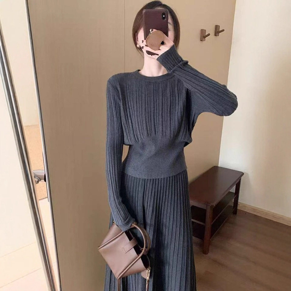 High Waist Pleated Knit Set Slim Fit Elegant Style Casual Chic Perfect for Autumn and Winter Wholesale Available