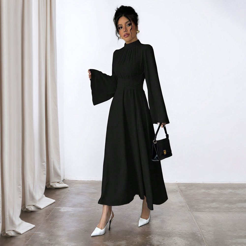 Black Long Sleeve Dress Vintage Style Waist Defining Flared Sleeves Spring Summer Occasion Wholesale Available
