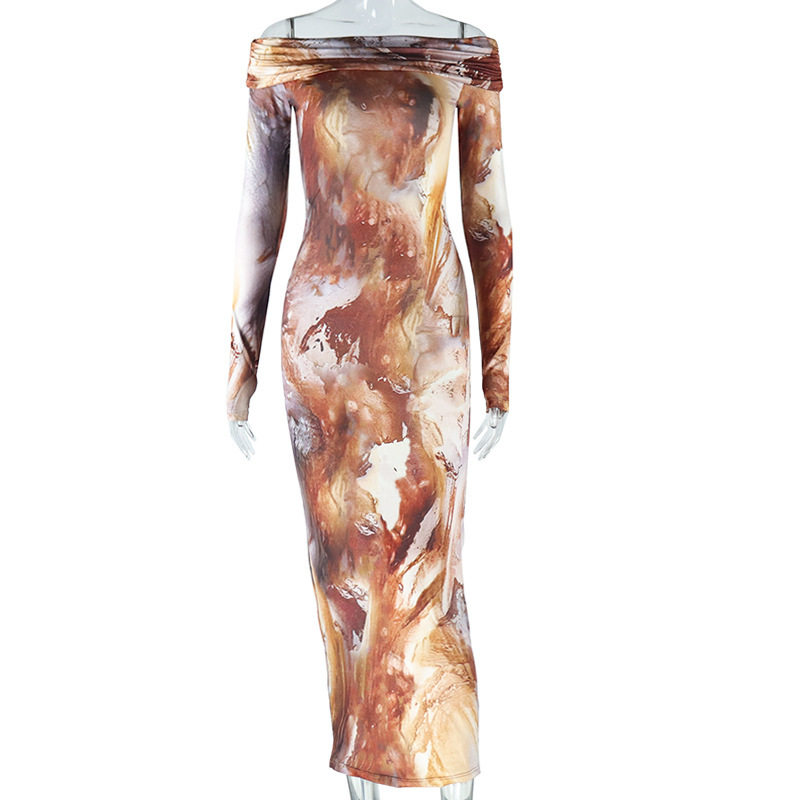 Vintage Floral Print Off Shoulder Long Sleeve Bodycon Dress Double Layer Collar Sexy Fit Perfect for Parties and Events