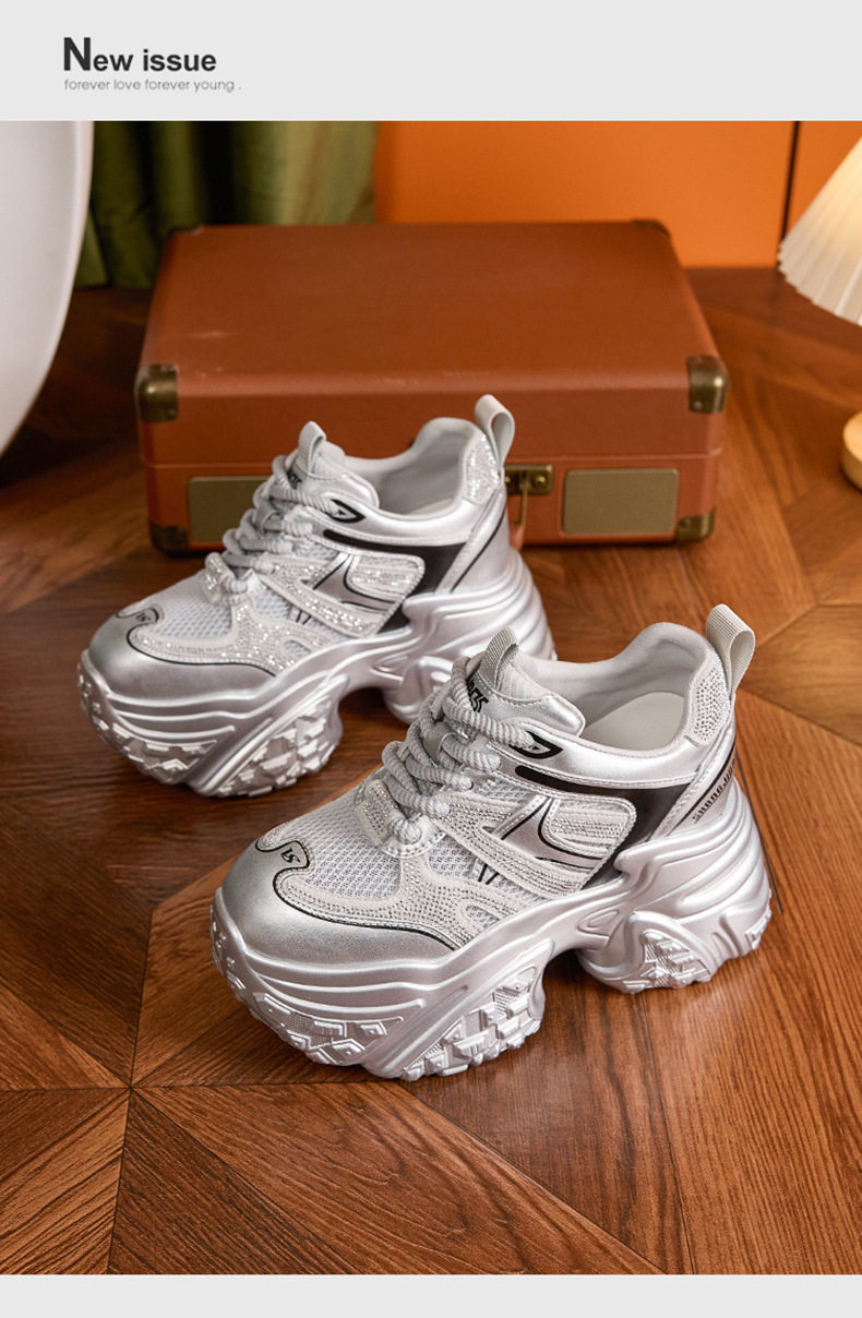 Giày sneaker nữ chunky đế dày lưới thoáng họa tiết đá quý gót 10 cm — Bạc, Trắng chi tiết 13