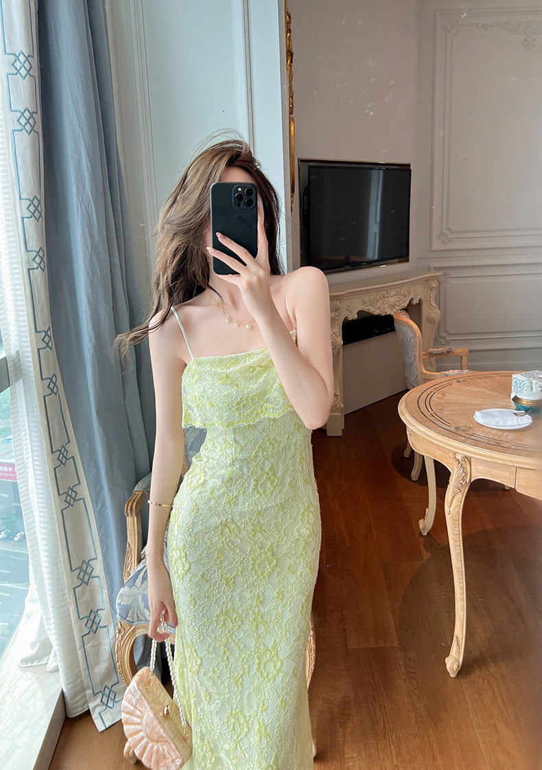 Đầm ôm body nữ cổ yếm dáng dài, chất liệu ren phối khóa kéo sau, phù hợp dạo phố hè — [Xanh lá] chi tiết 7