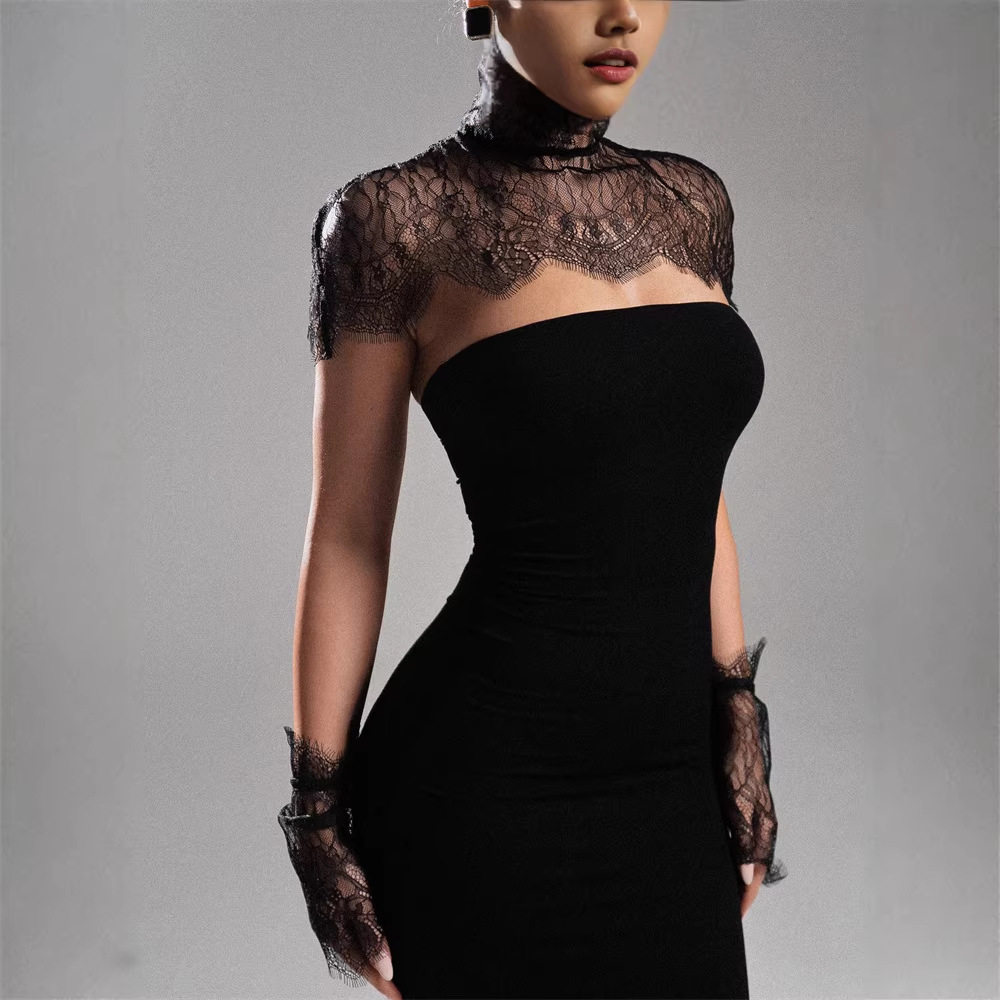 Lace Evening Gown Sleeveless Strapless Elegant Solid Color with Lace Sleeves Perfect for Formal Events