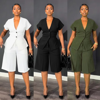 S11219 European Elegant Commuter Raglan Sleeves Waist Strap Mid-Pants Two-Piece Set