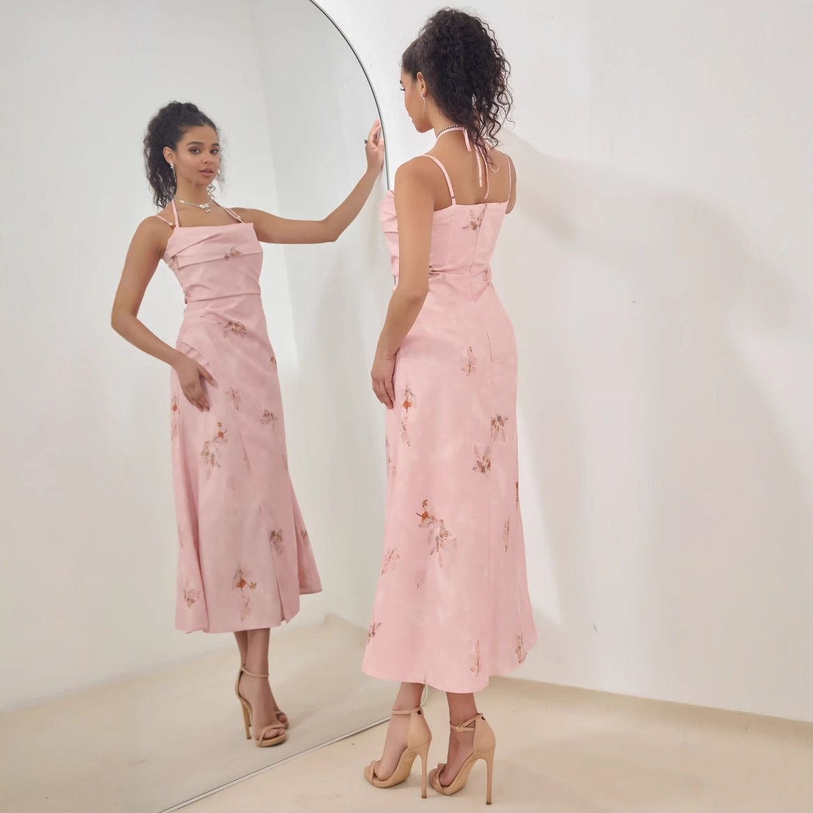 Elegant Pink A Line Midi Dress High Quality Fabric Chic Design Perfect for Spring Summer Events Wholesale Available