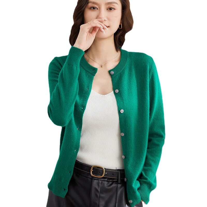 2025春秋新款韩版开衫纯色圆领单排扣针织毛衣驼色打底衫女外套