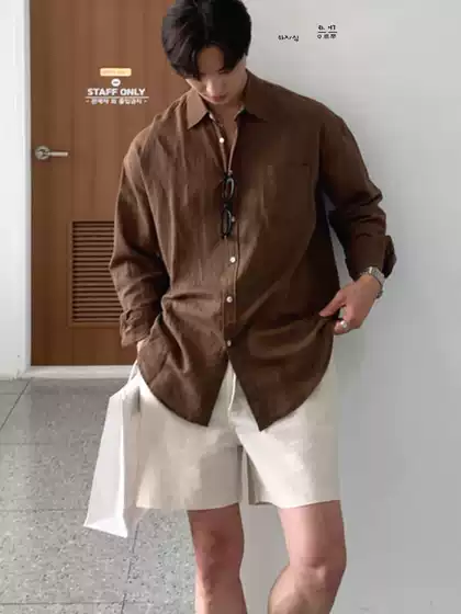 Lazy Style Brown Shirt Men's Breathable Linen Loose Long-sleeved Sunscreen Cardigan American Style Relaxed Cotton and Linen Tooling Shirt