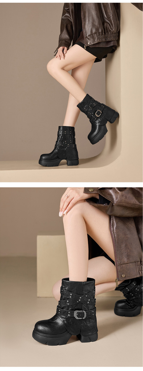 Boot Martin nữ cổ ngắn đế dày khóa thắt lưng gót thô đính đinh tán — Lớp lót đơn màu đen, Lớp lót đơn màu nâu, Lót nhung đen, Lót nhung màu nâu