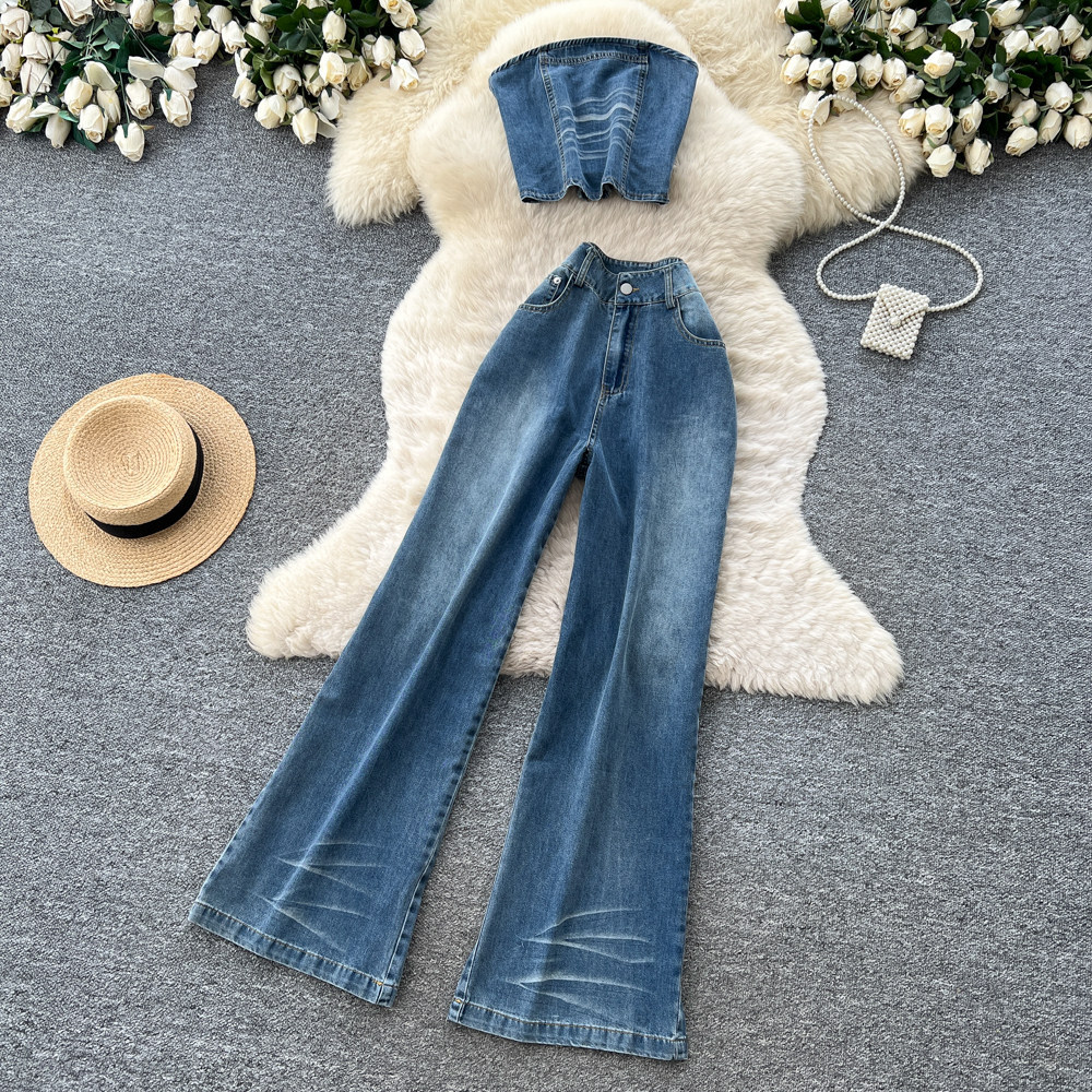 Vintage Denim Two Piece Set Casual Style High Waisted Wide Leg Pants Slim Fit Sleeveless Top Summer Wear