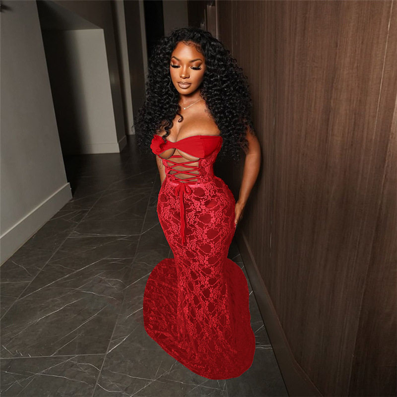 Chic Womens Lace Sheer Bodycon Dress Strapless Cutout Design Elegant Fit Perfect for Winter Parties Wholesale