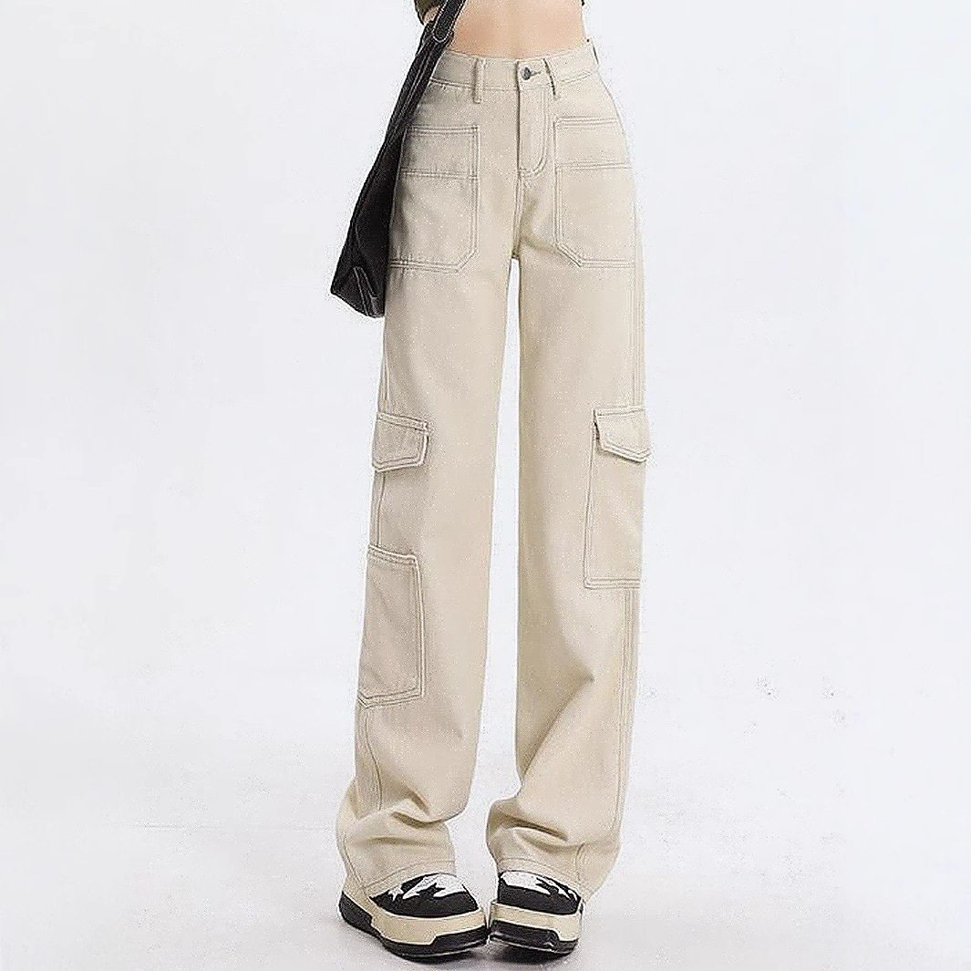 High Waisted Straight Leg Work Pants Loose Fit Wide Leg Large Pockets Casual Denim Trousers for Women Wholesale