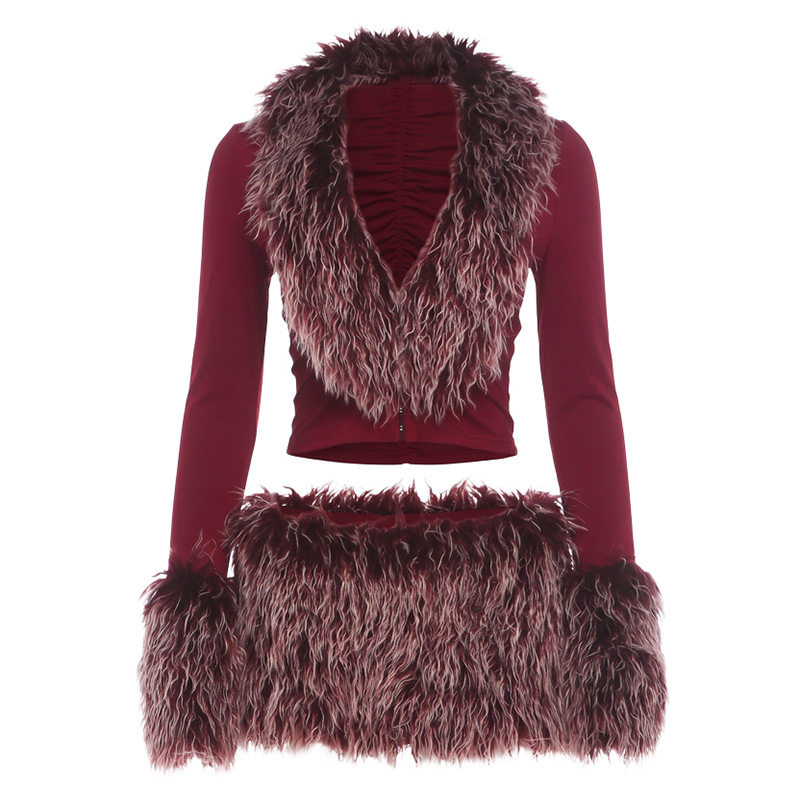 Womens Fashion Set Long Sleeve Short Top with Fur Collar Low Waist Plush Mini Skirt Autumn Style Wholesale Available