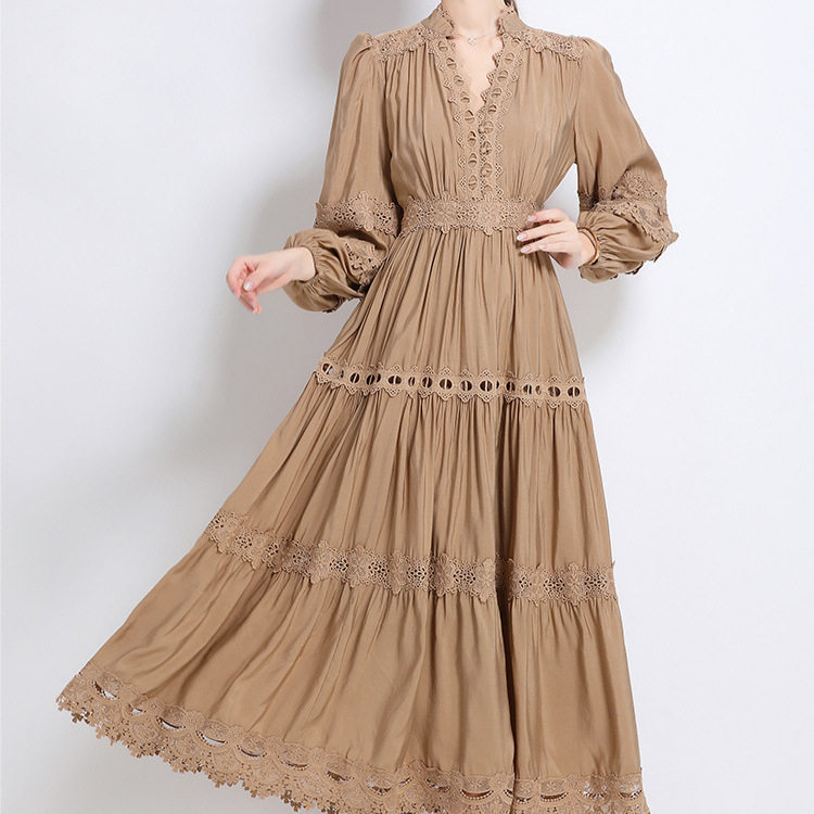 French Court Style Puff Sleeve Dress Hollow Out Lace Cross Neck Design Elegant Long Dress for Autumn Wholesale