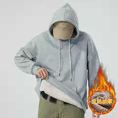 Factory wholesale new autumn and winter styles with fleece hooded sweatshirt, long sleeved lamb fleece, solid color, loose shoulder style, men's cross-border