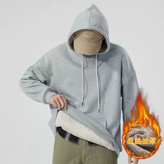Factory wholesale new autumn and winter styles with fleece hooded sweatshirt, long sleeved lamb fleece, solid color, loose shoulder style, men's cross-border