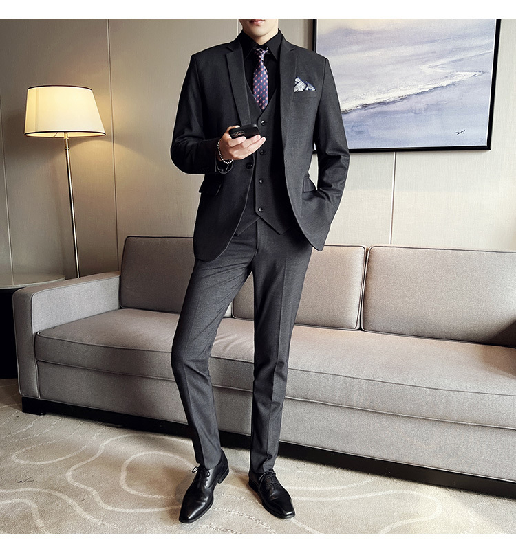 Bộ com-lê nam ba mảnh dáng ôm, áo vest một hàng khuy phong cách công sở — Màu xám (áo một nút + áo vest + quần), Màu xanh (áo một nút + áo vest + quần), Màu đen (áo một nút + áo vest + quần), Màu xanh navy (áo một nút + vest + quần)