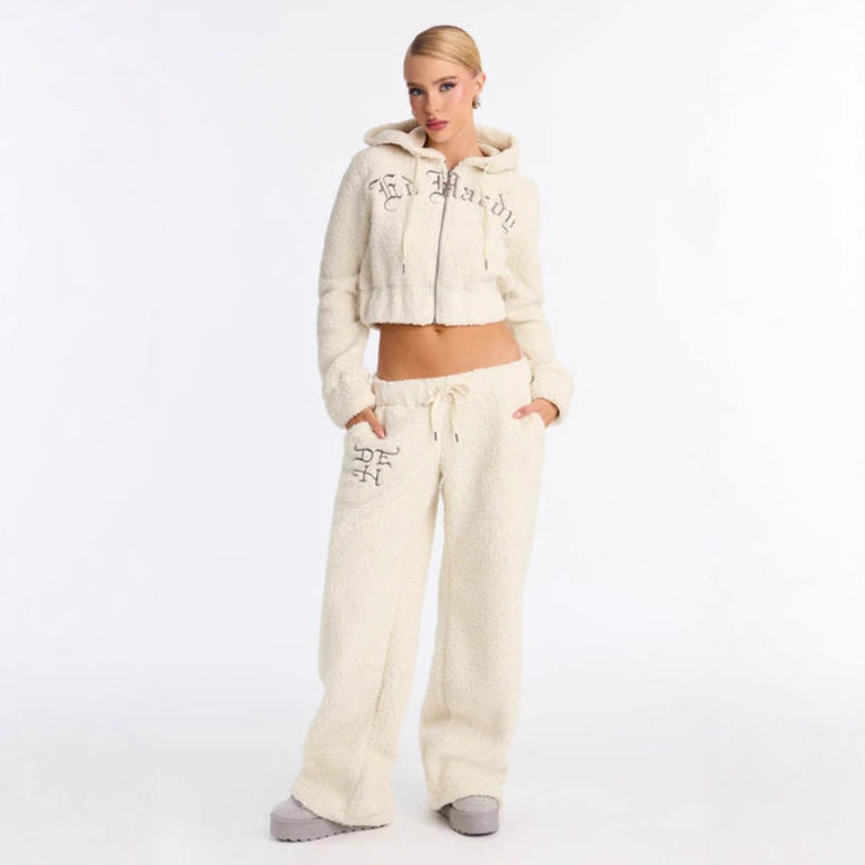 Womens Plush Hoodie Tracksuit Embroidered Zipper Pockets Casual Style Perfect for Everyday Wear Wholesale Available