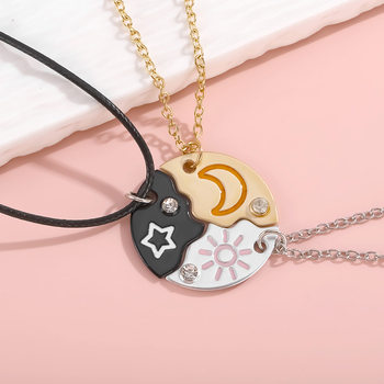 Alloy Cartoon Cross-border New Splicing Star Moon Sun Three-piece Color Necklace Round Diamond Pendant