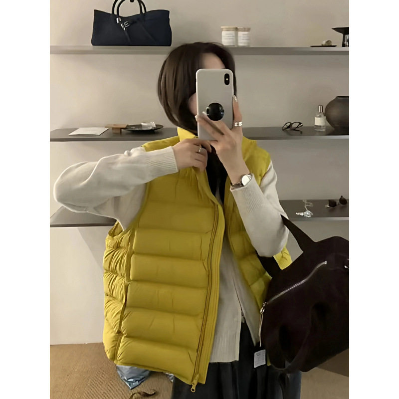 Yellow Ribbed down Vest 2025 Winter New Korean Style Simple Petite 90 White Duck down Vest Jacket