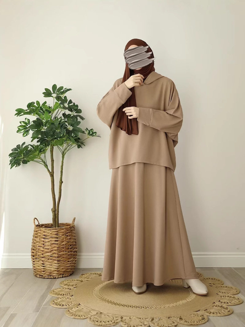 2024 Cross-border Foreign Trade New Women's Muslim Women's Solid Color Knitted Loose Hooded Top suit