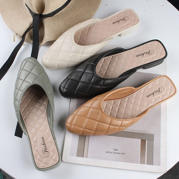 Heli shark women's summer pointed toe half slippers new fashion solid color outer wear casual closed toe slip-on flat women's shoes