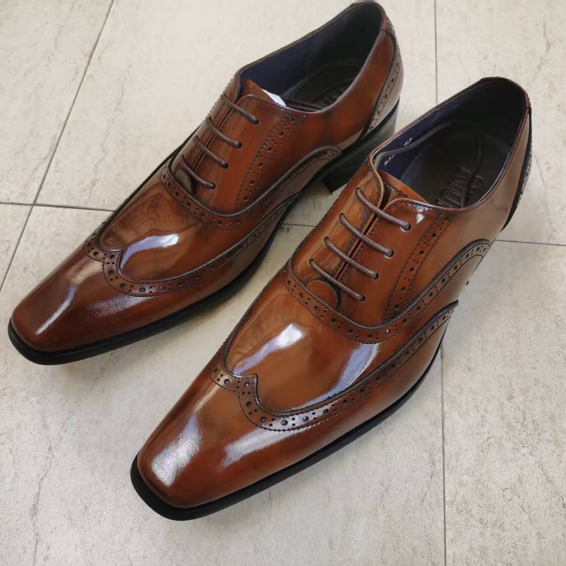 Giày tây nam Derby da bò thật thêu hoa văn brogue buộc dây bóng bề mặt — màu đen, Nâu phai màu