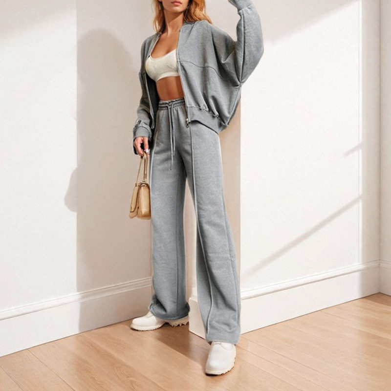 Womens Spring Sports Zip Up Hoodie Set Fashionable Solid Color Comfortable Fit Casual Style Wholesale Available
