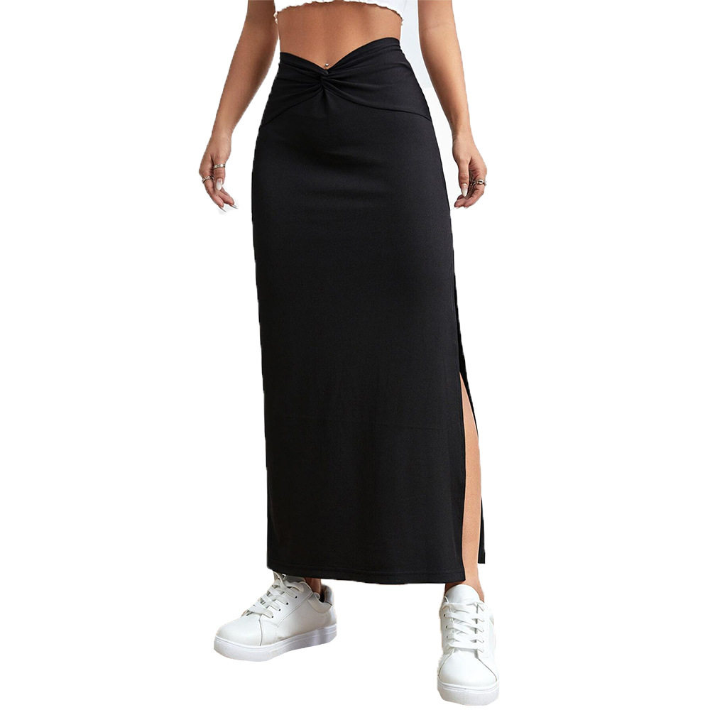 High Waisted Pleated Maxi Skirt Elegant Design Lightweight Fabric Side Slit Spring Summer Fashion Wholesale