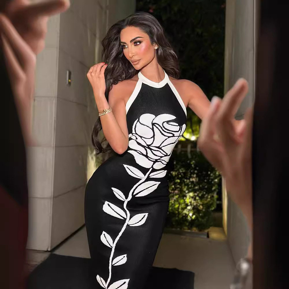 Sleeveless Halter Bodycon Dress Slim Fit Floral Print Elegant Style Perfect for Parties and Events Wholesale