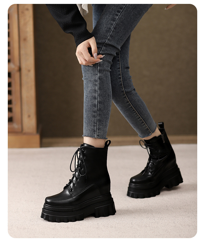 Boot Martin nữ đế dày tăng chiều cao 10cm, cổ thấp gót nêm da bò thật — Lớp lót đơn màu đen, Lớp lót đơn màu nâu sẫm, Lớp lót nhung đen, Lớp lót nhung màu nâu sẫm