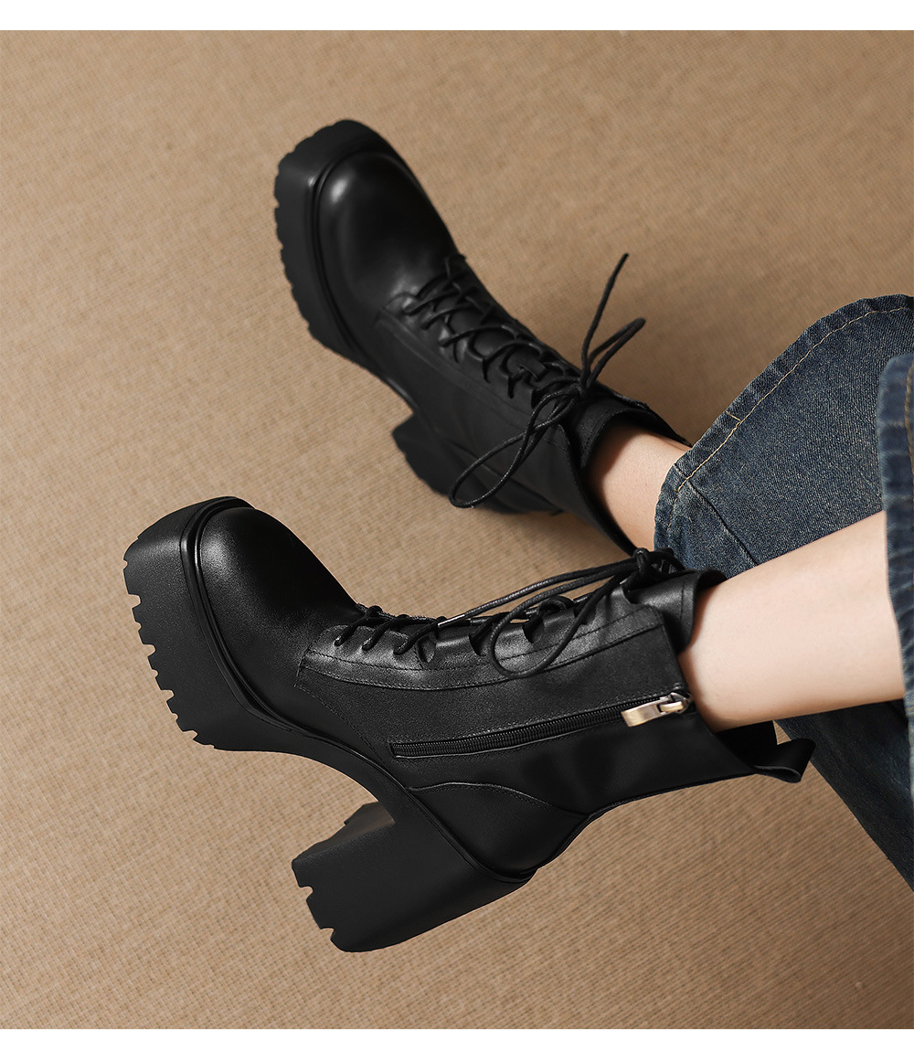 Boot nữ cổ ngắn da bò thật gót thô 12cm phong cách Anh Quốc — Lớp lót đơn màu đen, Lót nhung đen